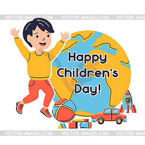 Happy children day greeting card. jumping near eart - vector image