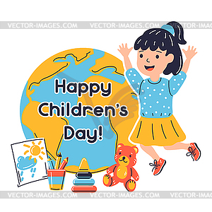 Happy children day greeting card. jumping smiling - vector image