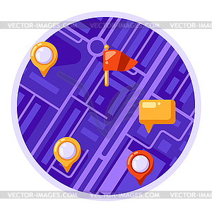 City map background design with markers and flags. - vector clipart