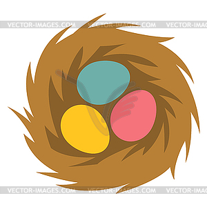 Счастливые пасхальные яйца в гнезде. Мультяшный символ - векторный эскиз