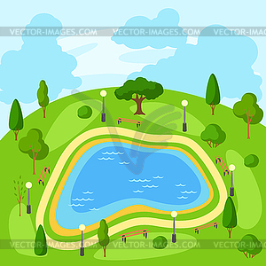 Beautiful summer or spring city park. Urban public - vector image