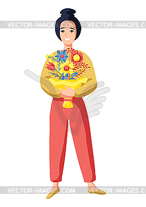 Young woman standing and holding bouquet. cute fun - vector clipart