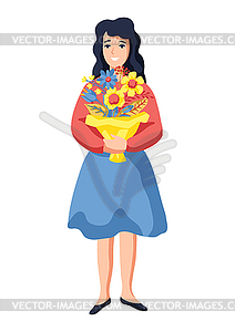 Young woman standing and holding bouquet. cute fun - vector image