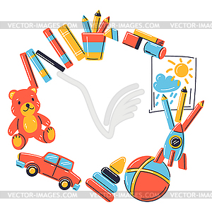 Frame with various kids toys. Happy childhood - vector clip art