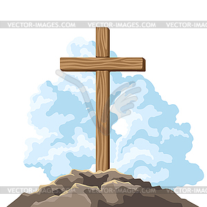 Christian wooden cross and shroud. Happy Easter - vector clipart