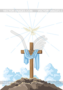 Christian wooden cross and shroud. Happy Easter - vector clipart