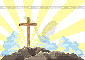 Christian wooden cross and clouds. Happy Easter - color vector clipart