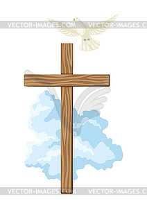 Христианский деревянный крест и голубь. С Пасхой - векторная графика