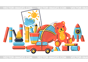 Background with various kids toys. Happy childhood - vector image