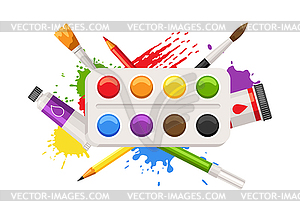 Background with painter tools and materials. Art - vector image