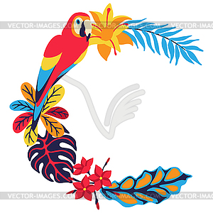 Frame with macaw parrot and tropical plants. - vector clipart