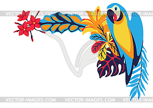 Рамка с попугаем ара и тропическими растениями. - векторное изображение