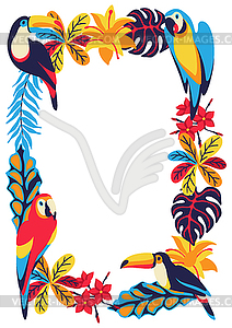 Frame with macaw parrot, toucan and tropical plants - vector clip art