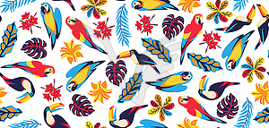 Seamless pattern with macaw parrot, toucan and - vector clipart