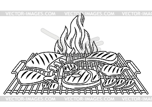 Bbq with grill objects and icons. Stylized kitchen - vector image