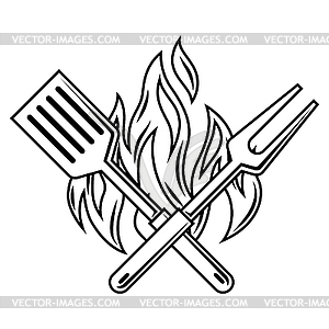 Bbq with fire, spatula and fork. Stylized kitchen - vector clipart