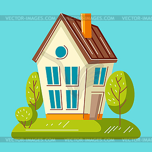 Background with cute house and trees. Country - vector clip art