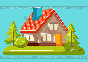 Background with cute house and trees. Country - vector image