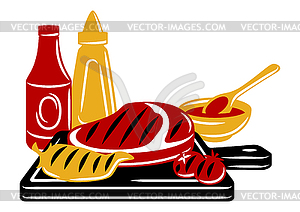 Bbq with grill objects and icons. Stylized kitchen - vector clip art