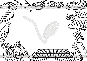 Bbq frame with grill objects and icons. Stylized - vector image