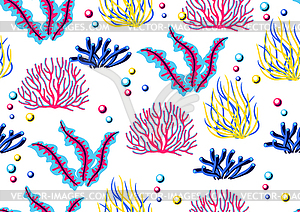 Seamless pattern with sea algae and corals. Marine - vector image