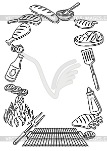 Bbq frame with grill objects and icons. Stylized - vector clipart