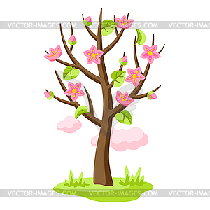 Весеннее дерево с цветами и листьями. Сезонный  - клипарт в формате EPS
