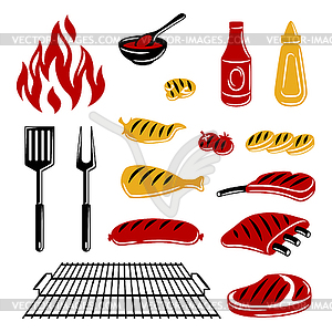 Набор предметов для барбекю и значков для гриля. Стилизованная кухня - изображение в векторном виде