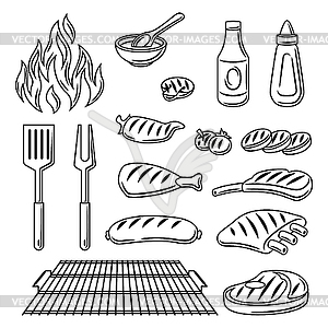 Набор предметов для барбекю и значков для гриля. Стилизованная кухня - стоковый векторный клипарт