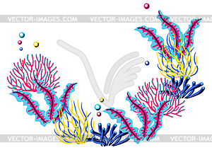 Background with sea algae and corals. Marine life - vector image