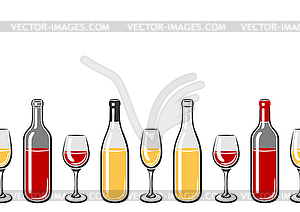 Бесшовный узор с бутылками и бокалами вина. - векторный дизайн