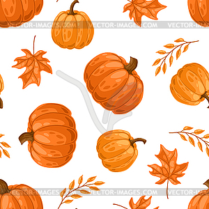 Seamless pattern with pumpkins and leaves. - vector image