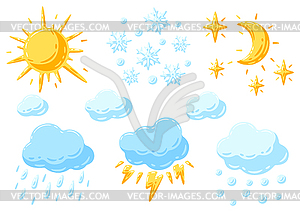 Weather phenomena. Sun, clouds, rain and snow in - vector clip art