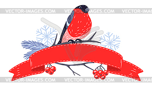 Winter background with birds bullfinch and plants. - vector clip art