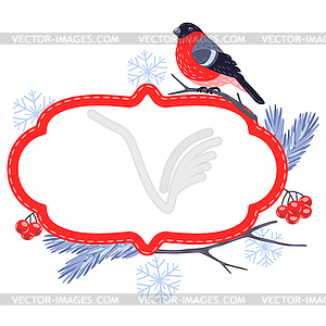 Winter frame with bird bullfinch and plants. Merry - vector image