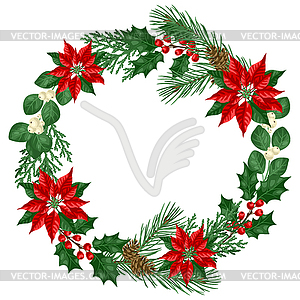 Wreath with winter plants. Merry Christmas and Happ - vector clip art