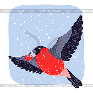 Winter bird bullfinch and rowan berries. Merry - vector clipart