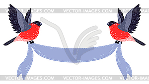 Winter birds bullfinches holding ribbon. Merry - vector image