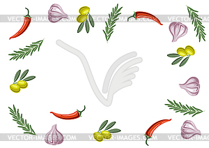 Background with rosemary and chili pepper, olive - vector clip art