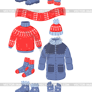 Seamless pattern with warm winter clothes. - vector image