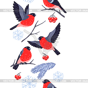 Winter seamless pattern with birds bullfinches and - vector clipart