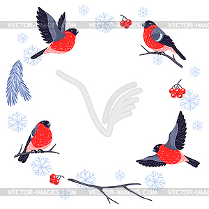 Winter frame with bird bullfinch and plants. Merry - vector clip art