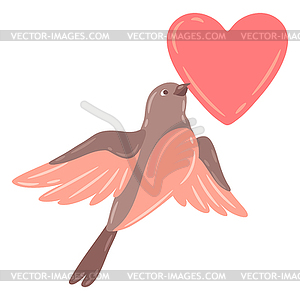 Cute flying bird and holding heart. birdie in simpl - vector clip art