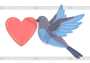 Cute flying bird and holding heart. birdie in simpl - vector image