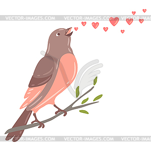 Cute bird singing and sitting on branch. birdie in - vector clipart