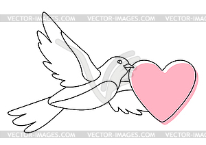 Cute flying bird and holding heart. birdie in simpl - vector image