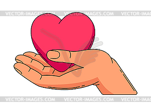 Happy Valentine Day hand holds heart. Holiday - vector image