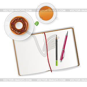 Scene with notebook and tea - vector clipart
