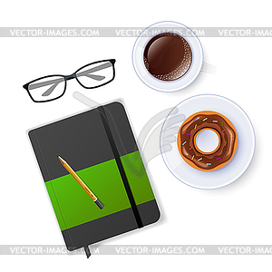 Scene with notebook and coffee - color vector clipart