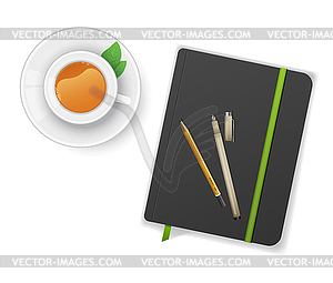 Notebook with pen and cup of tea - vector image